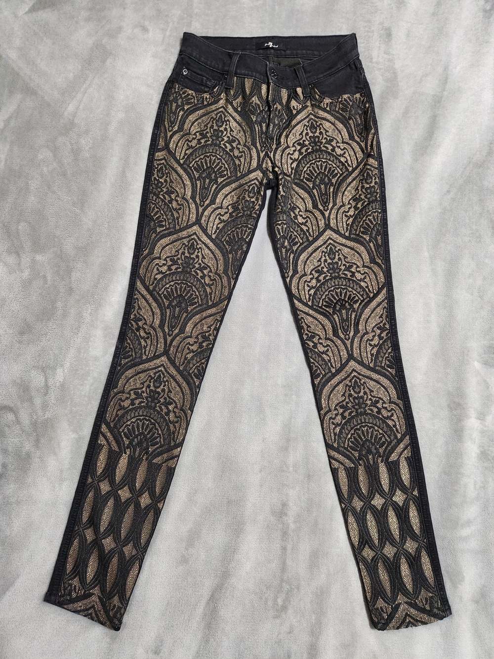 7 For All Mankind Gold & Black Brocade Damask Statement Skinny Pants 26